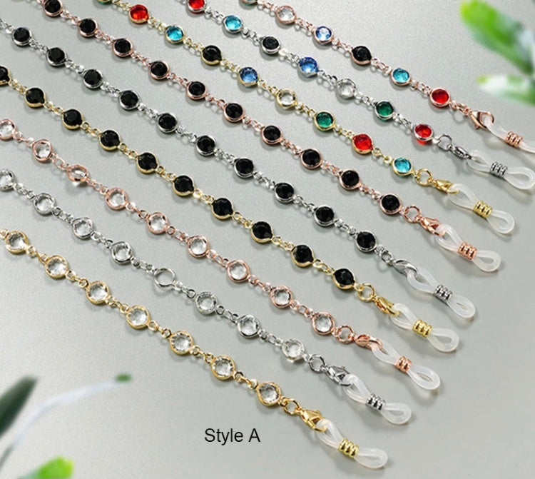 Round crystal, black clear and color with metal chain